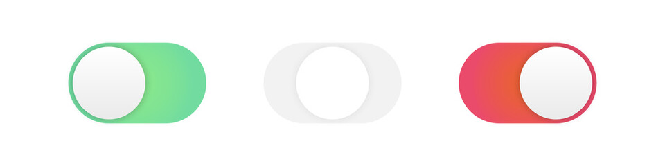 Switch button. On off UI symbols, active and inactive interface elements, round tap interaction pictograms. Vector set