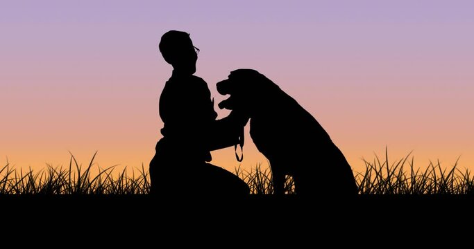 Animation of silhouetted pet dog with owner kneeling in grass over sunset sky