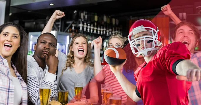 Animation of male american football player over happy diverse sport fans watching game at bar