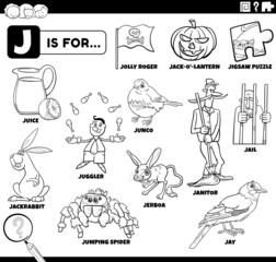 Obraz premium letter j words educational set coloring book page