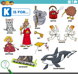 letter k words educational set with cartoon characters