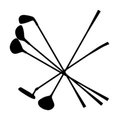 Several golf clubs silhouette graphic illustration on white background.