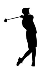 Golfing guy swinging a golf club silhouette on white background.