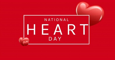 Animation of national heart day text over hearts on red background - Powered by Adobe