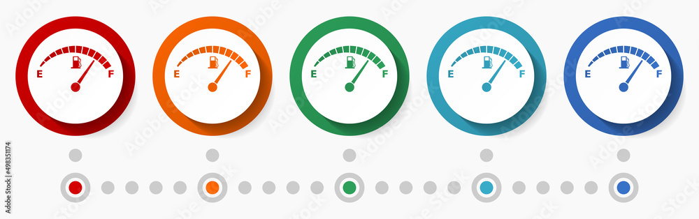 Aufkleber Fuel gauge concept vector icon set, infographic template, flat design colorful web buttons in 5 color options