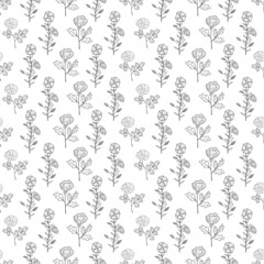 Hand drawn seamless pattern of blooming flowers and leaves. Floral summer collection. Decorative doodle illustration for greeting card, wallpaper, wrapping paper, fabric, packaging