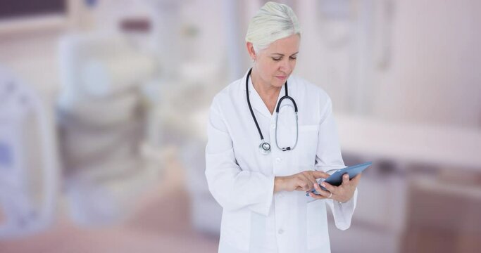 Animation of caucasian female doctor using tablet over blue ribbon