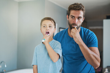 Brushing their teeth together. Cropped shot of a handsome young man and his son brushing their...