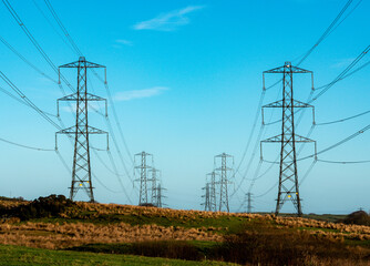 Pylons into the distance, Dalry, North Ayrshire, Scotland, UK B&W
