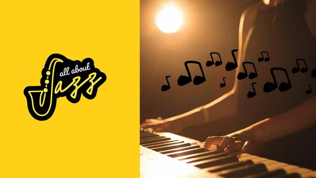 Animation of all about jazz text and notes icons over biracial woman playing keyboard