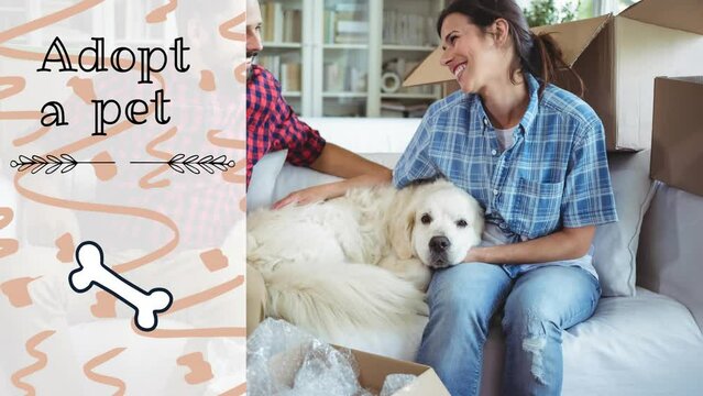 Animation of adopt a pet text over caucasian couple smiling and petting dog
