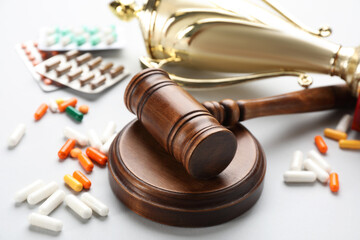 Composition with drugs on white table, closeup. Doping control