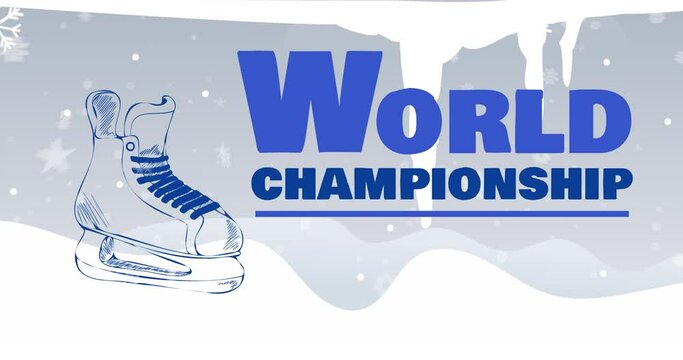 Animation of world championship text in blue over illustration of ice hockey skate and snow falling