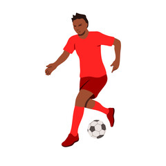 Fototapeta na wymiar Color illustration of a soccer player with a ball. Soccer player in red uniforms running and kicking the ball. Sports game, world cup, fifa. Isolated on white background. Vector graphics