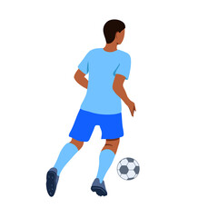 Fototapeta na wymiar Color illustration of a soccer player with a ball. Soccer player in blue uniform running and kicking the ball, view from the back. Sports game, world cup. Isolated on white background. Vector graphics