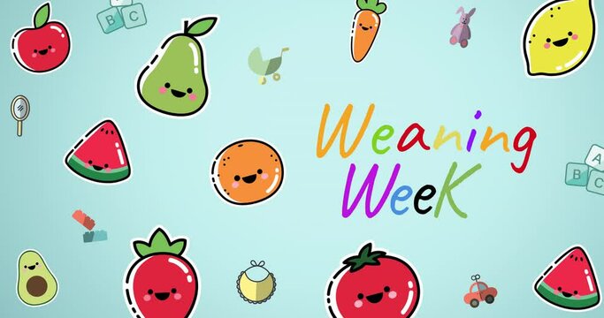Animation of cartoon fruits and vegetables moving over blue background and weaning week text