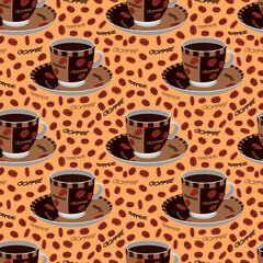 Obraz premium A set of vector seamless pattern of mugs and coffee beans on a background. The coffee concept.