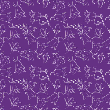 A set of seamless patterns of bellflowers, white contour on a color background, 1000x1000 pixels, vector graphic.
