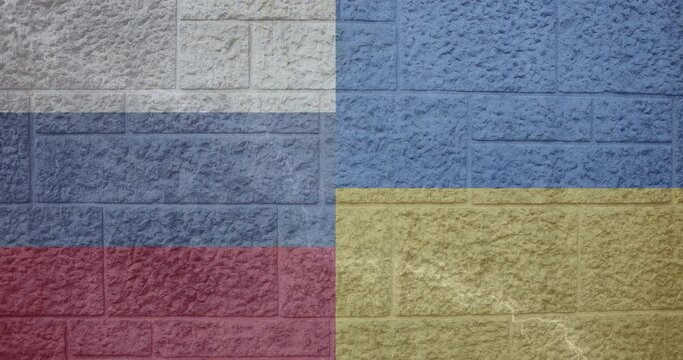 Animation of flags of ukraine and russia on brick background
