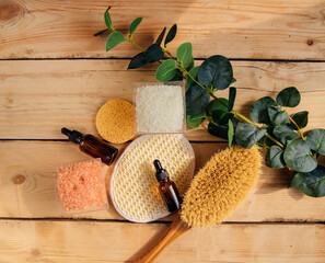 Natural, organic cosmetics with eucalyptus oil, sea salt, massage brush, eucalyptus leaf extract.