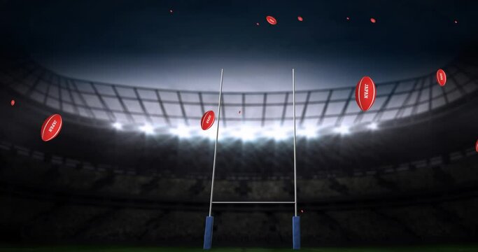 Animation of red rugby balls with japan text at stadium
