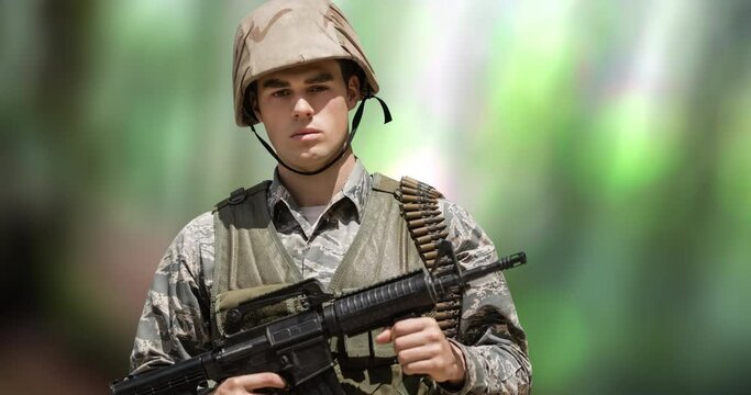 Animation of caucasian male soldier over blurred background