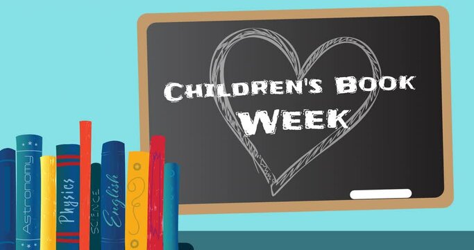 Animation of children book week text over blackboard and books on blue background