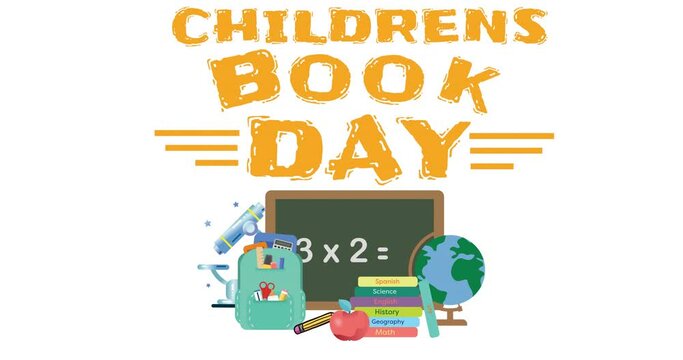 Animation of children's book week text over school items on white background