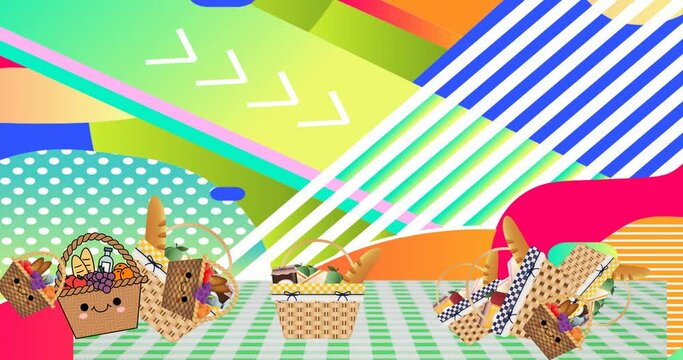 Animation of picnic baskets on gingham tablecloth over abstract pattern background