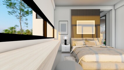 Fototapeta na wymiar long hanging table and curve stool in modern bedroom 3d illustration
