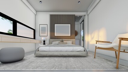 modern bedroom with empty frames photo white wall 3d illustration
