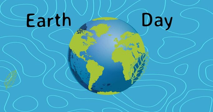 Animation of earth day text over arms globe and leaves on blue background