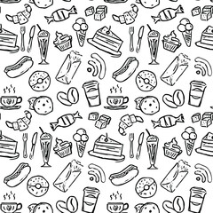 Seamless cafe vector pattern.Seamless coffee shop vector patter.Doodle vector with cafe icons on white background. Vintage coffe shop icons,sweet elements background for your project, menu, cafe shop.
