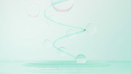 3d render of simple chemical bond in side cell or molecules. The associated of atoms, ions, bond and molecules. Liquid drop bubble background. Covalent bond. Biochemical interaction.