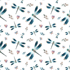 seamless graphic pattern with watercolor insects: dragonflies, butterflies, moths and twigs on white background
