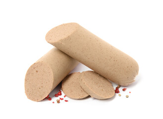 Delicious liverwurst with spices on white background