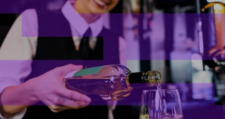 Animation of blue lines over caucasian barman pouring wine