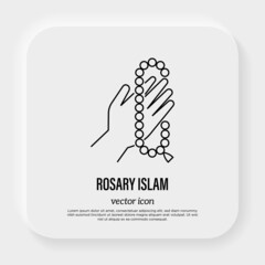 Rosary beads, praying hands. Islam, religious accessory. Thin line icon. Vector illustration.
