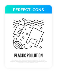 Plastic pollution. Plastic bottle, plastic bottle and medical mask in ocean or sea. Thin line icon. Overconsumption. Trash under water. Vector illustration.