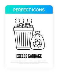 Overloaded trashcan with sign recycle thin line icon. Excess garbage, overconsumption. Vector illustration.