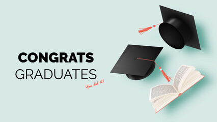 Fototapeta na wymiar Graduation hat background for education poster
