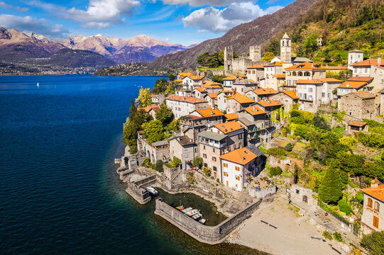 Aerial view of the village Corenno Plinio, Lake Como, Italy