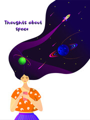 Vector image. A girl with a smartphone thinks about space. Hair as a window of her thoughts, with the image of planets, stars and a rocket,space dream, girl, smartphone, technology, hair, space backgr