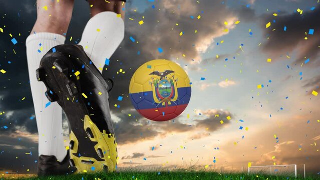 Animation of confetti over feet of caucasian soccer player and ball with colombian flag over sunset