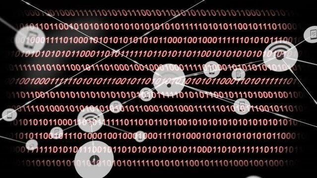 Animation of network of connection with icons over black background with pink binary code