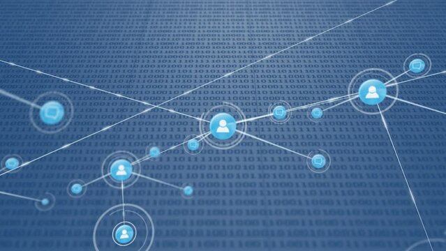 Animation of network of connection with icons over blue background with binary code