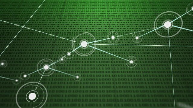 Animation of network of connection with icons over green background with binary code