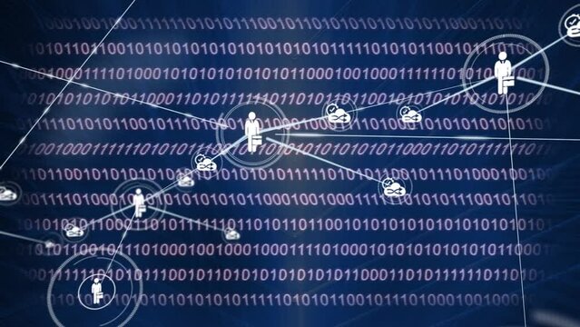 Animation of network of connection with icons over blue background with binary code