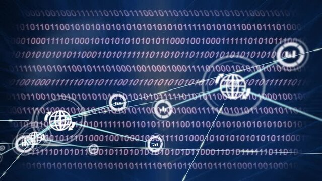 Animation of network of connection with icons over blue background with binary code