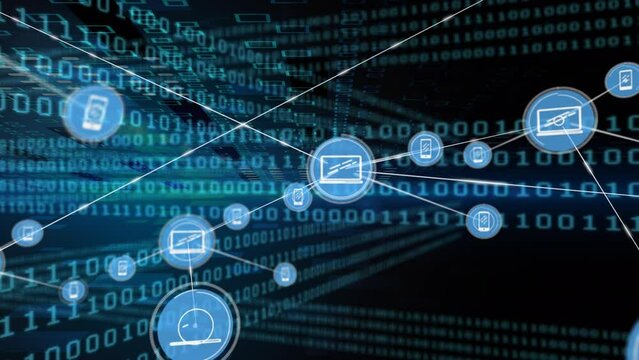 Animation of network of connection with icons over black background with blue binary code
